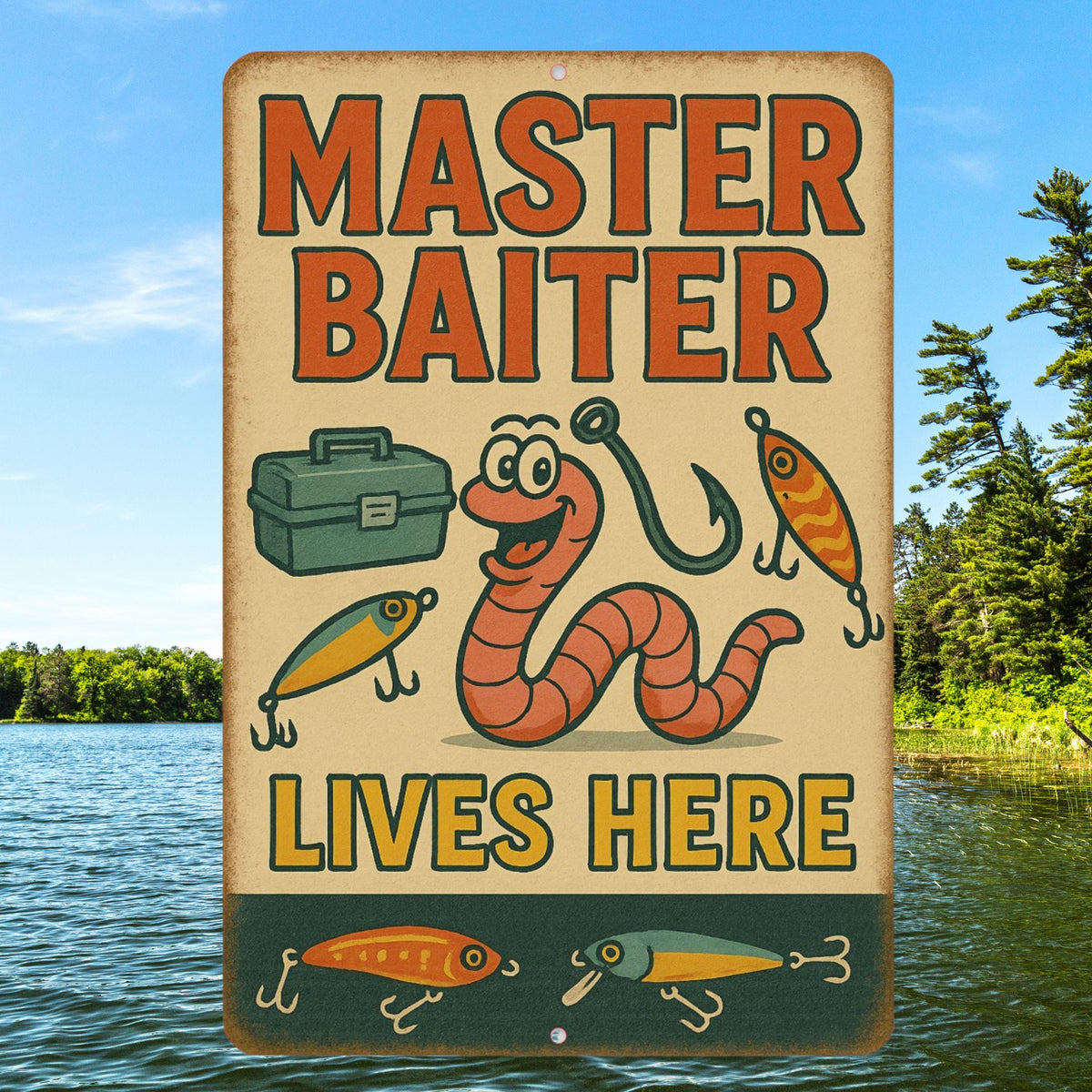Funny Master Baiter Fishing Sign – 8x12 Metal Sign for Fishermen, Tackle Room, Man Cave, or Lake House Decor, Dad Gift
