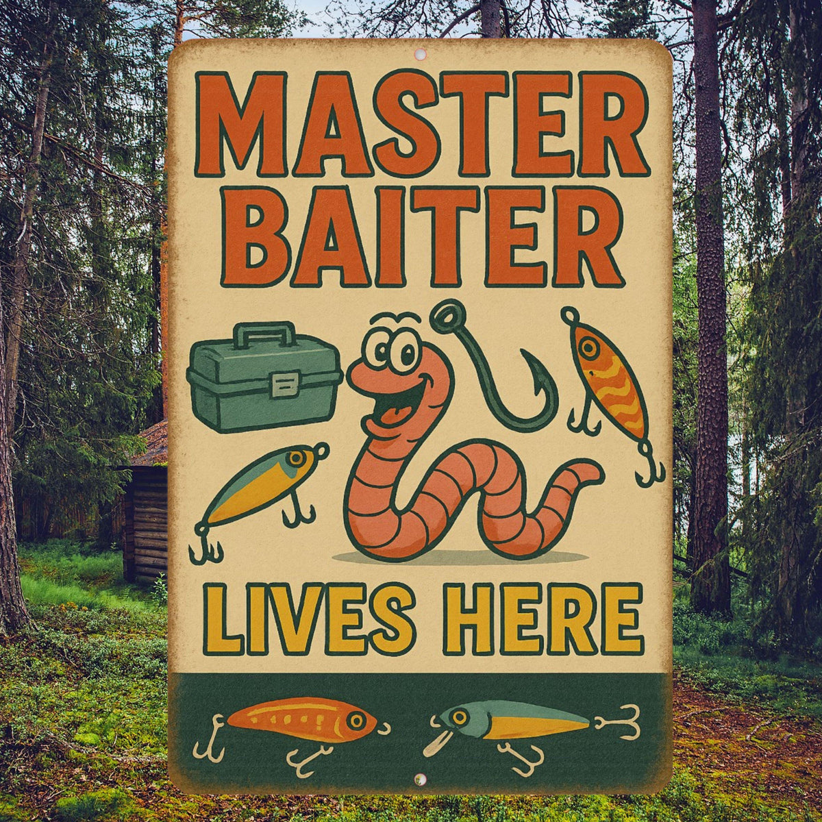 Funny Master Baiter Fishing Sign – 8x12 Metal Sign for Fishermen, Tackle Room, Man Cave, or Lake House Decor, Dad Gift