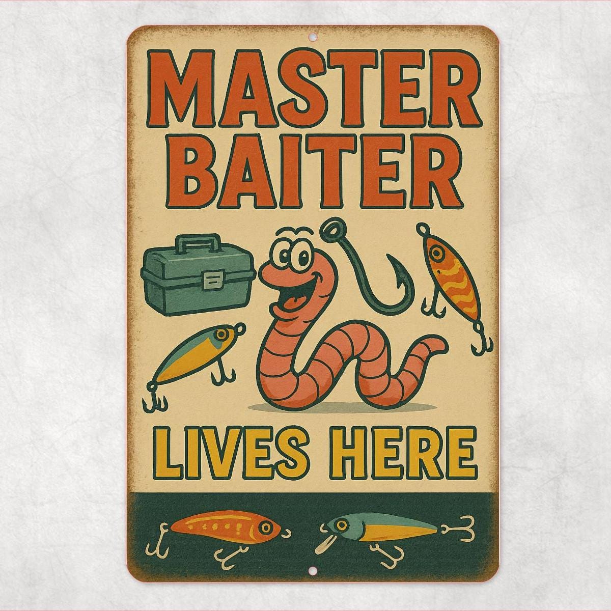 Funny Master Baiter Fishing Sign – 8x12 Metal Sign for Fishermen, Tackle Room, Man Cave, or Lake House Decor, Dad Gift