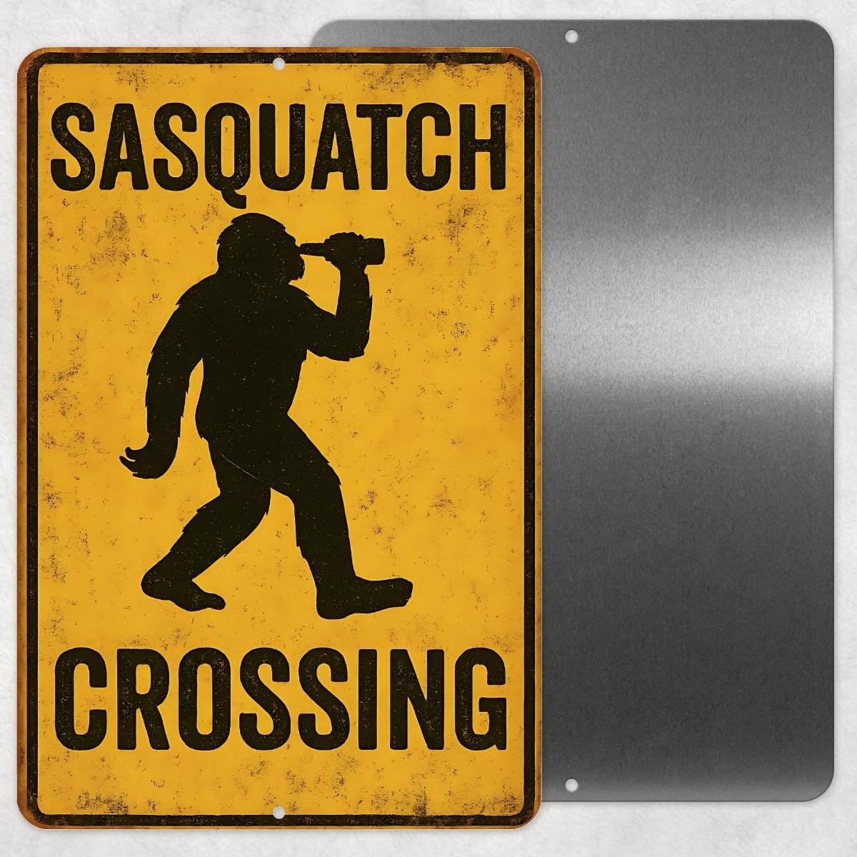 Drunk Sasquatch Crossing Sign – Funny 8x12 Metal Bigfoot Sign with Beer Bottle, Rustic Outdoor Cabin Decor, Dad Gift, Man Cave Sign