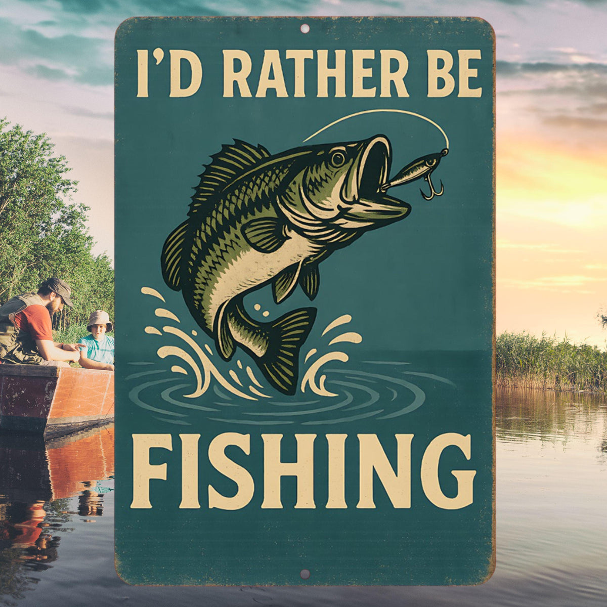 I'd Rather Be Fishing Metal Sign – 8x12 Vintage Bass Fisherman Wall Decor for Cabin, Man Cave, or Lake House, Cabin Decor