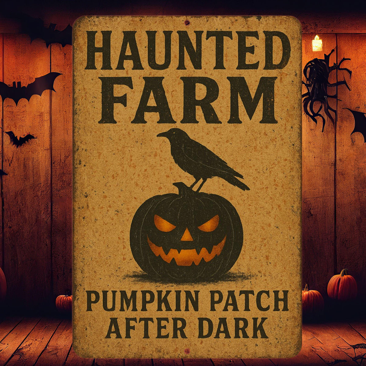 Haunted Farm Pumpkin Patch After Dark Sign – 8x12 Halloween Metal Wall Decor with Crow & Jack-o'-Lantern, Porch Sign, Fall Decor