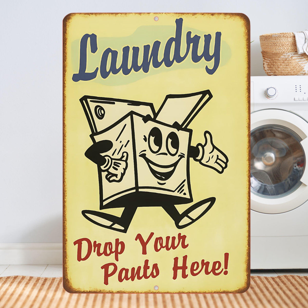 Funny Laundry Room Sign – 8x12 Retro Metal Sign “Drop Your Pants Here” – Vintage Tin Wall Decor for Laundry Area, Utility Room Humor