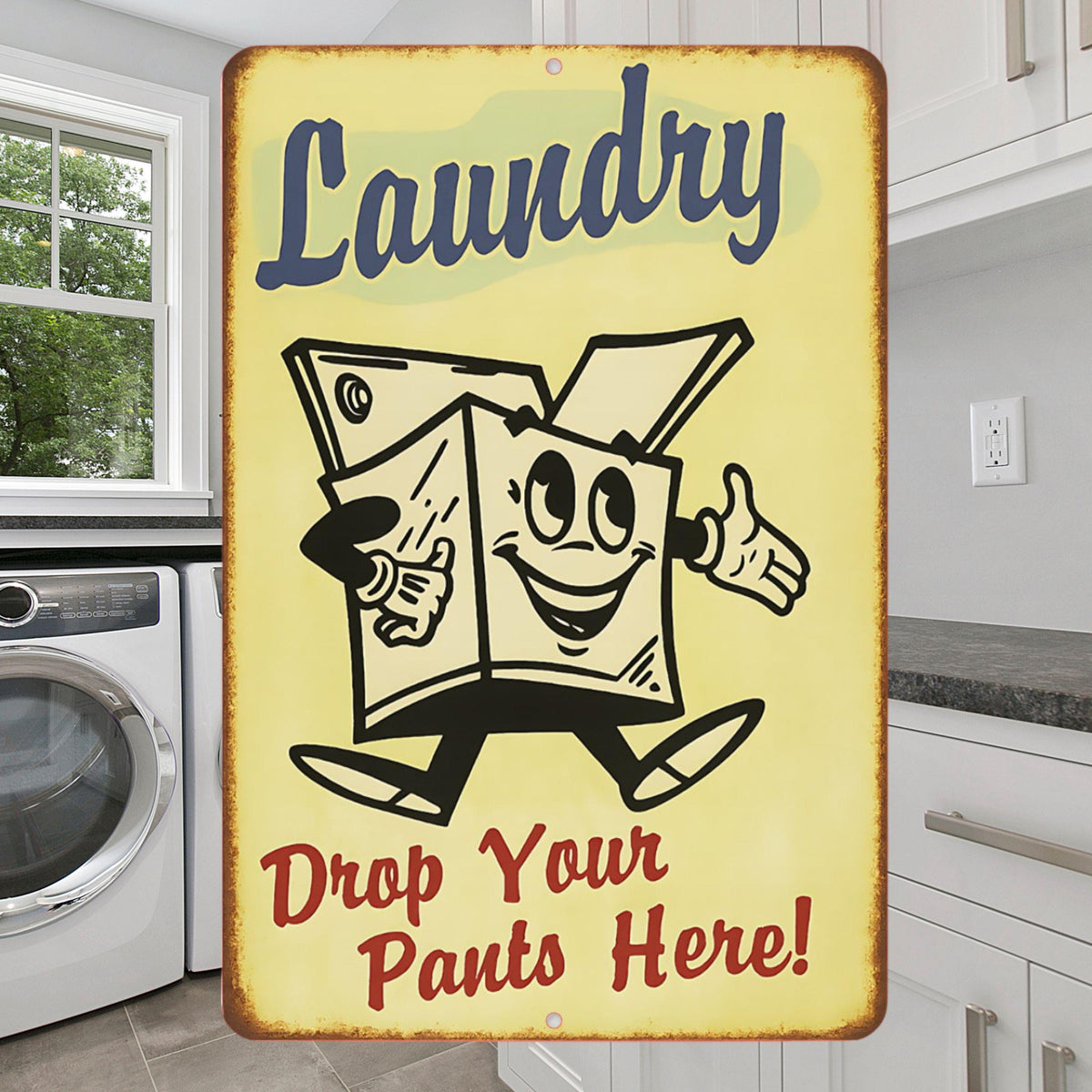 Funny Laundry Room Sign – 8x12 Retro Metal Sign “Drop Your Pants Here” – Vintage Tin Wall Decor for Laundry Area, Utility Room Humor