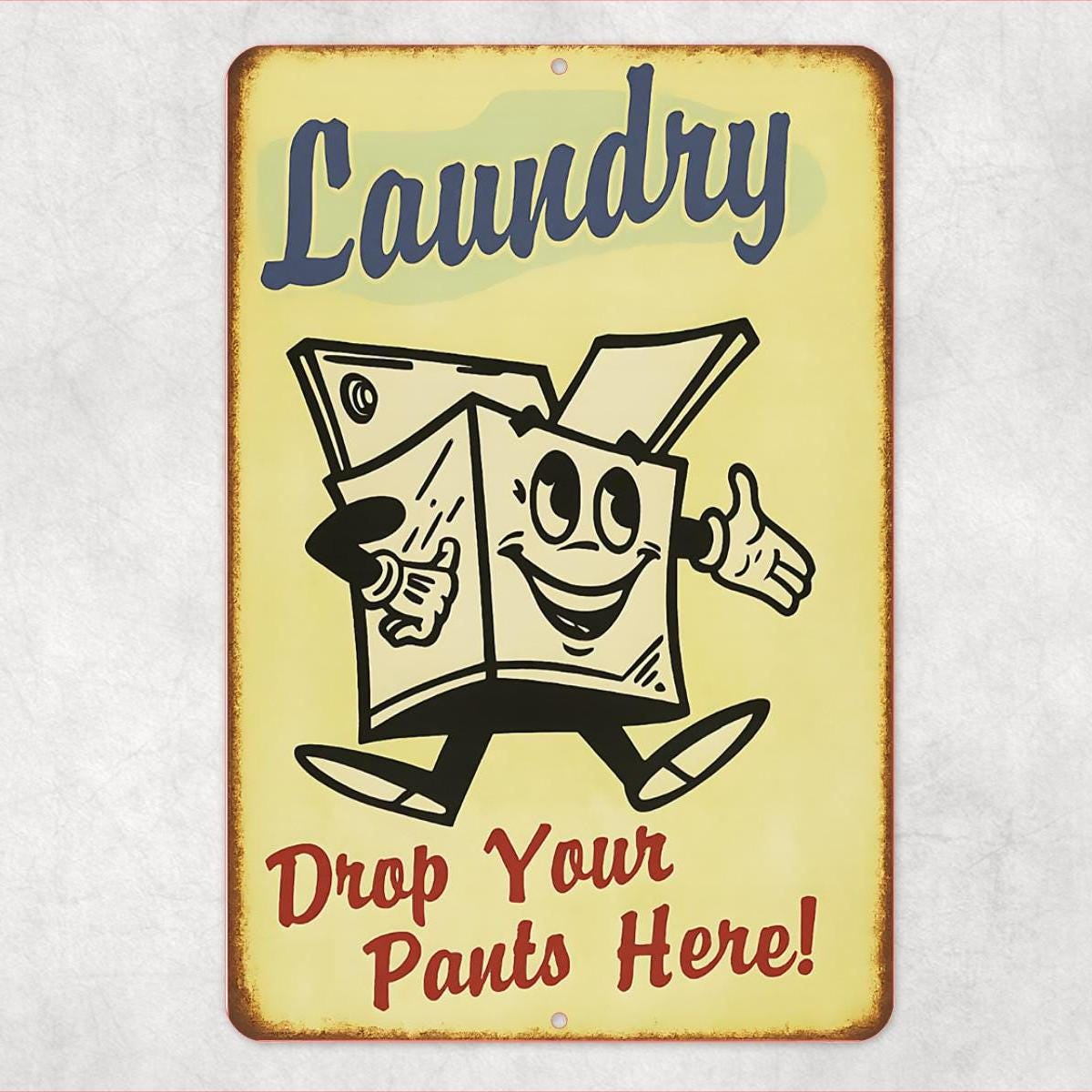 Funny Laundry Room Sign – 8x12 Retro Metal Sign “Drop Your Pants Here” – Vintage Tin Wall Decor for Laundry Area, Utility Room Humor