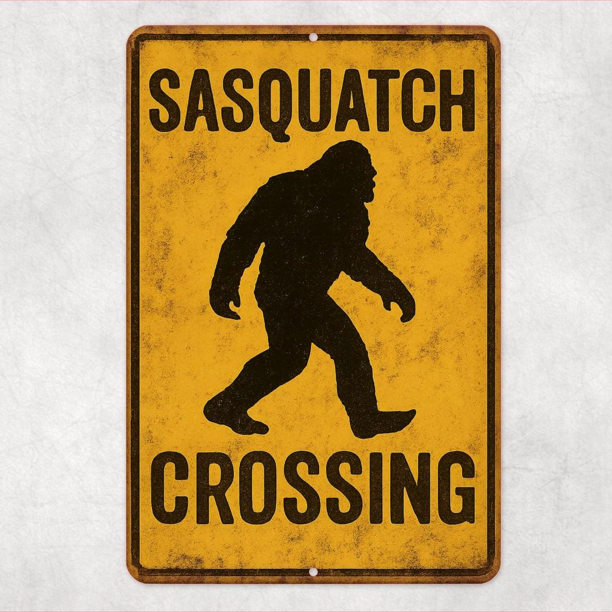 Sasquatch Crossing Sign – 8x12 Bigfoot Metal Wall Decor – Funny Rustic Cabin Sign for Hunters, Campers, Cryptid Fans, Cabin Decor, Yard Sign