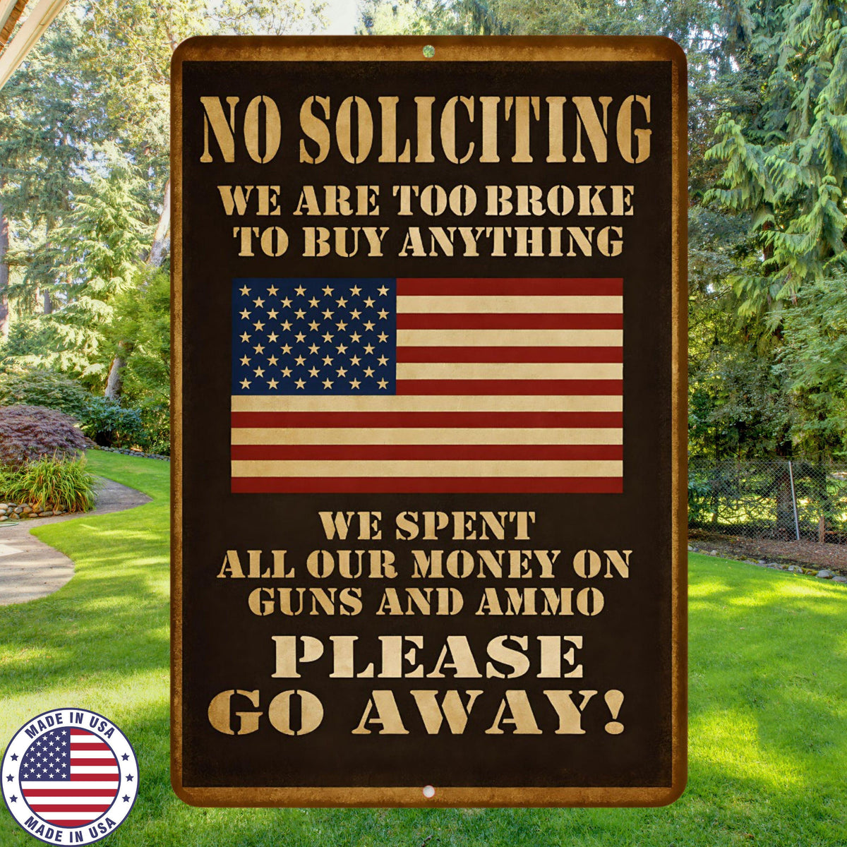 No Soliciting Sign Funny Patriotic 8x12 Metal Wall Decor – UV Resistant Guns & Ammo Warning Sign for Porch, Home, or Man Cave