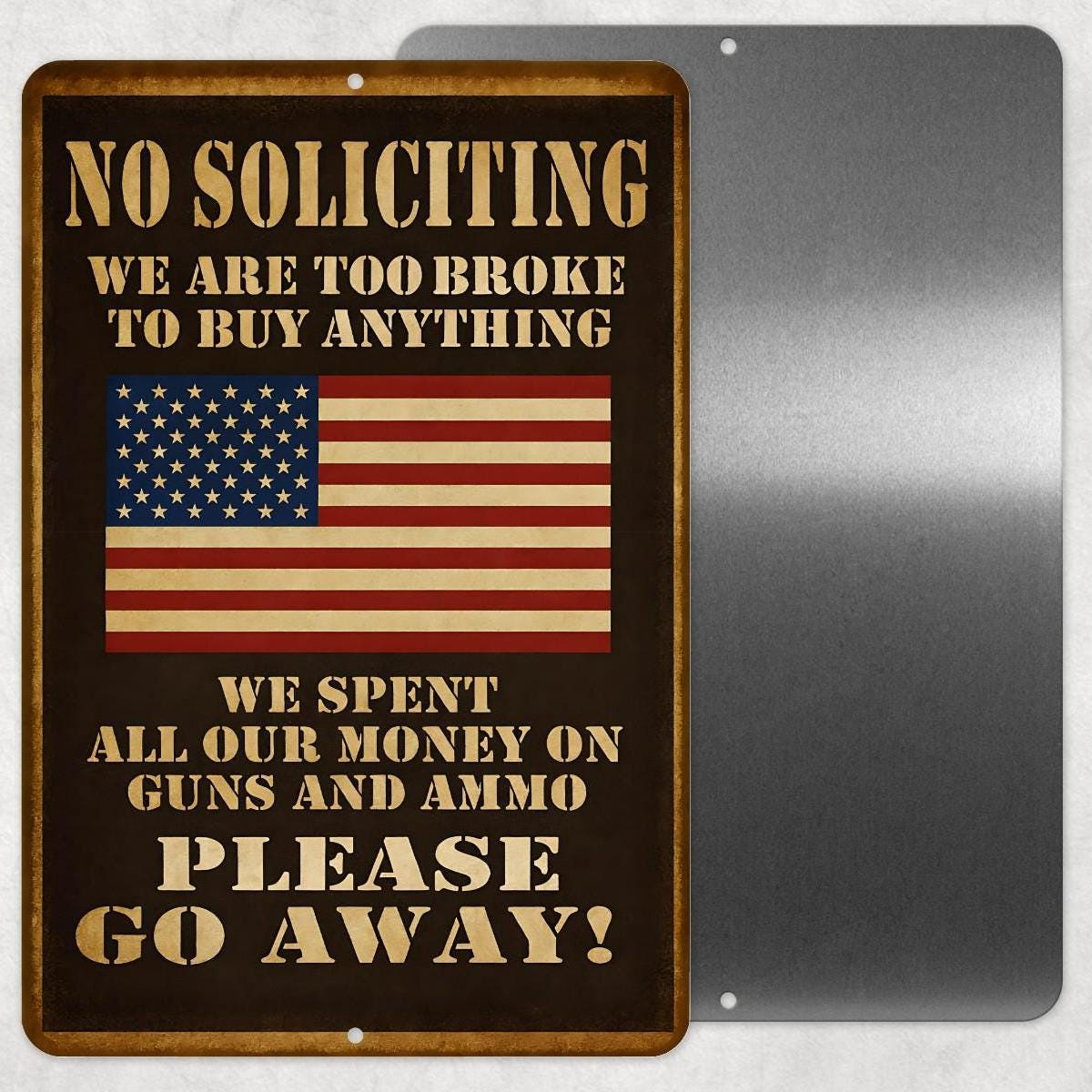 No Soliciting Sign Funny Patriotic 8x12 Metal Wall Decor – UV Resistant Guns & Ammo Warning Sign for Porch, Home, or Man Cave