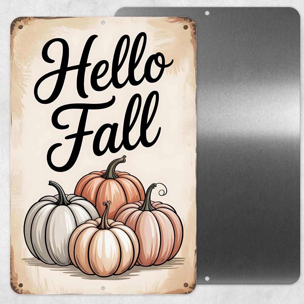 Hello Fall Pumpkin Sign – Rustic Farmhouse Autumn Wall Décor – 8x12 UV Resistant Sublimated Metal Sign – Vintage Fall Porch Decoration
