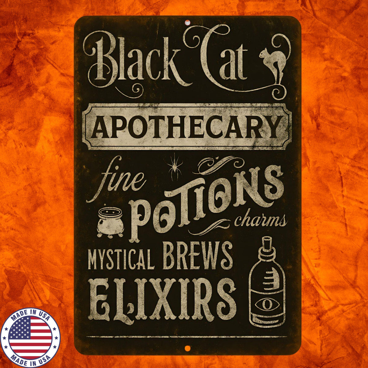 Black Cat Apothecary Sign – Vintage Halloween Wall Décor – 8x12 UV Resistant Sublimated Metal Sign – Potions, Elixirs, Mystical Brews