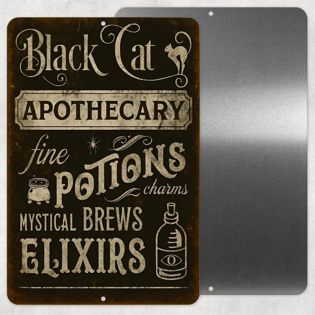 Black Cat Apothecary Sign – Vintage Halloween Wall Décor – 8x12 UV Resistant Sublimated Metal Sign – Potions, Elixirs, Mystical Brews