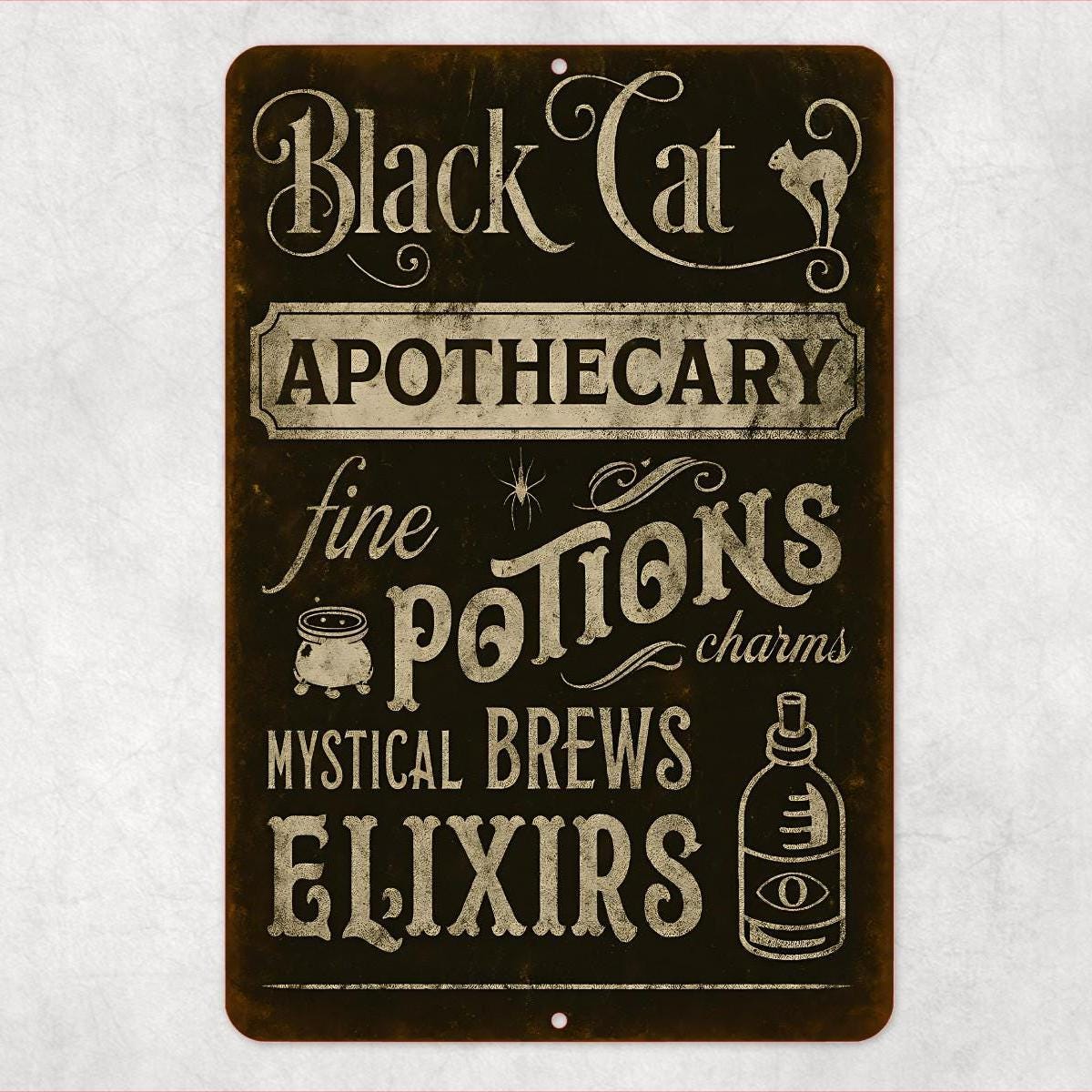 Black Cat Apothecary Sign – Vintage Halloween Wall Décor – 8x12 UV Resistant Sublimated Metal Sign – Potions, Elixirs, Mystical Brews
