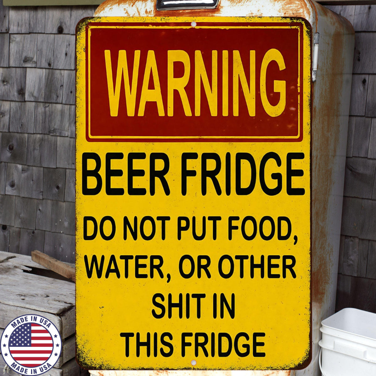Warning Beer Fridge Sign - Funny Man Cave Garage Decor - 8x12 Aluminum UV Resistant Metal Sign - No Food Fridge Wall Art USA Made 12x18