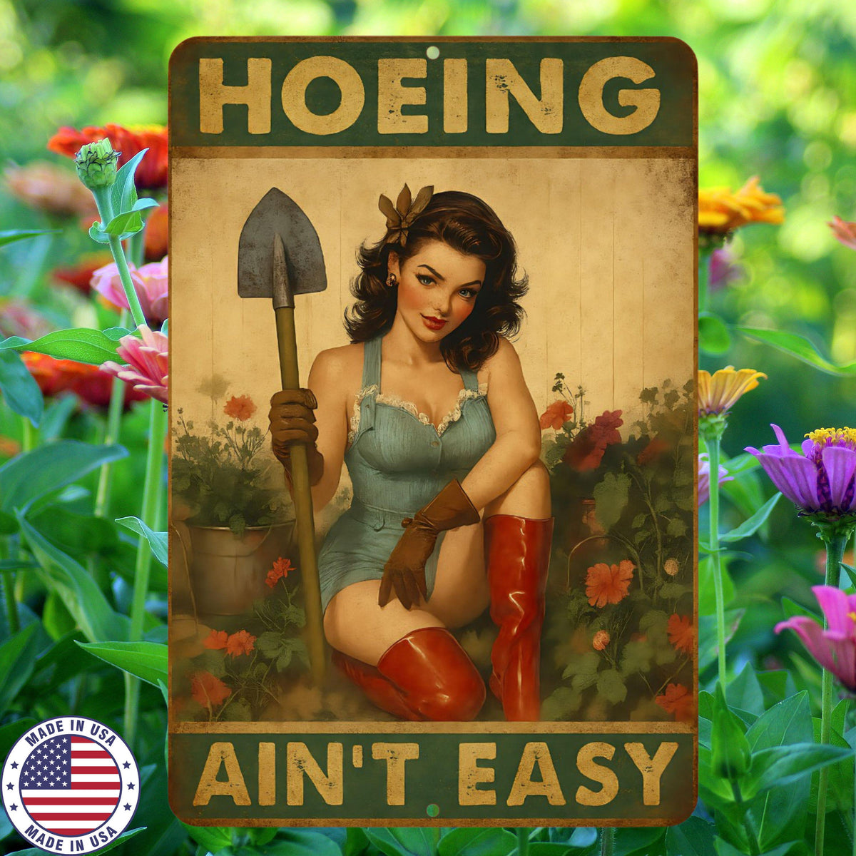 Hoeing Ain’t Easy Pin-Up Girl Sign – 8x12 UV Resistant Aluminum Metal Wall Decor – Funny Retro Gardening Sign