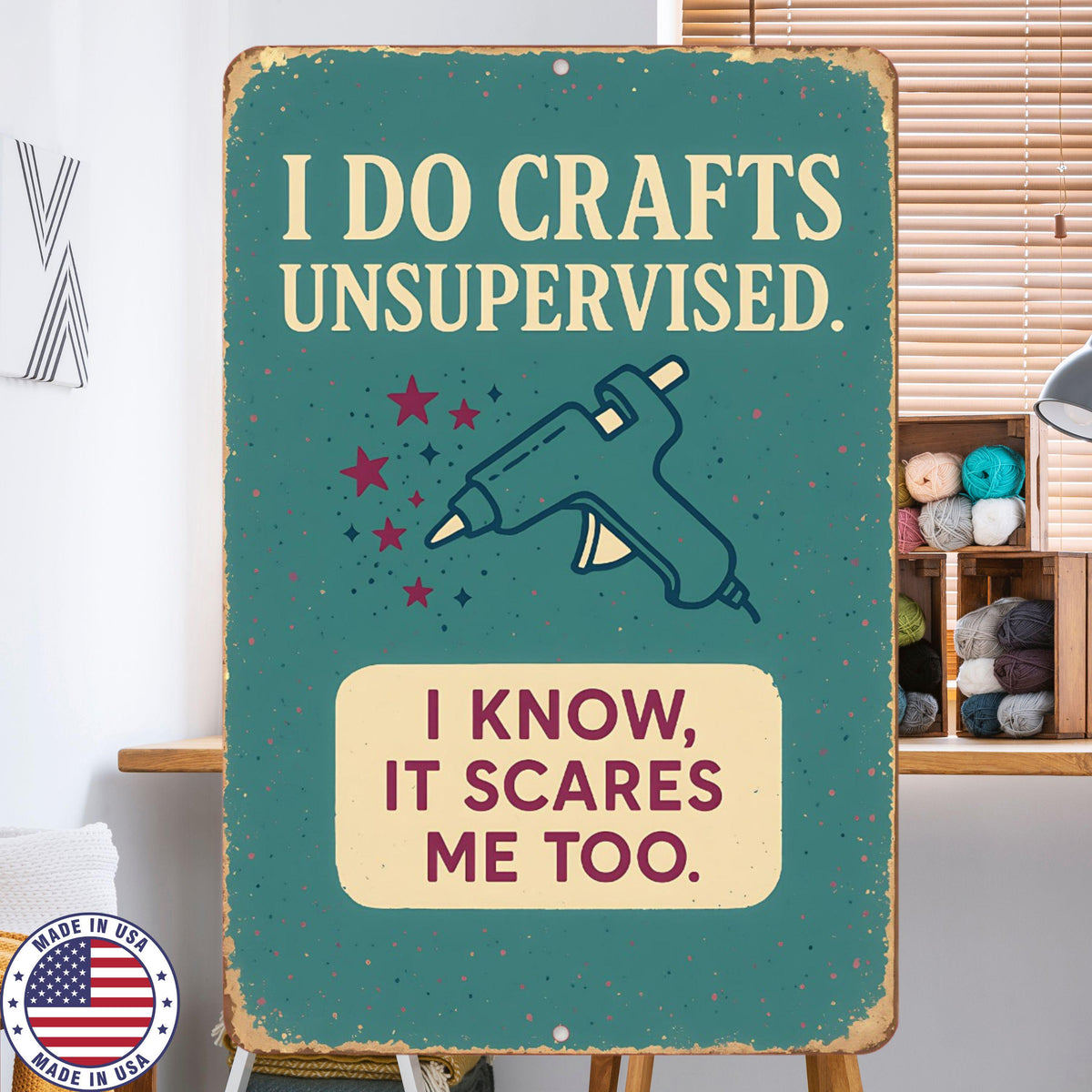 Funny Craft Room Sign – 8x12 UV Resistant Sublimated Metal Wall Decor – “I Do Crafts Unsupervised” Gift for Crafters