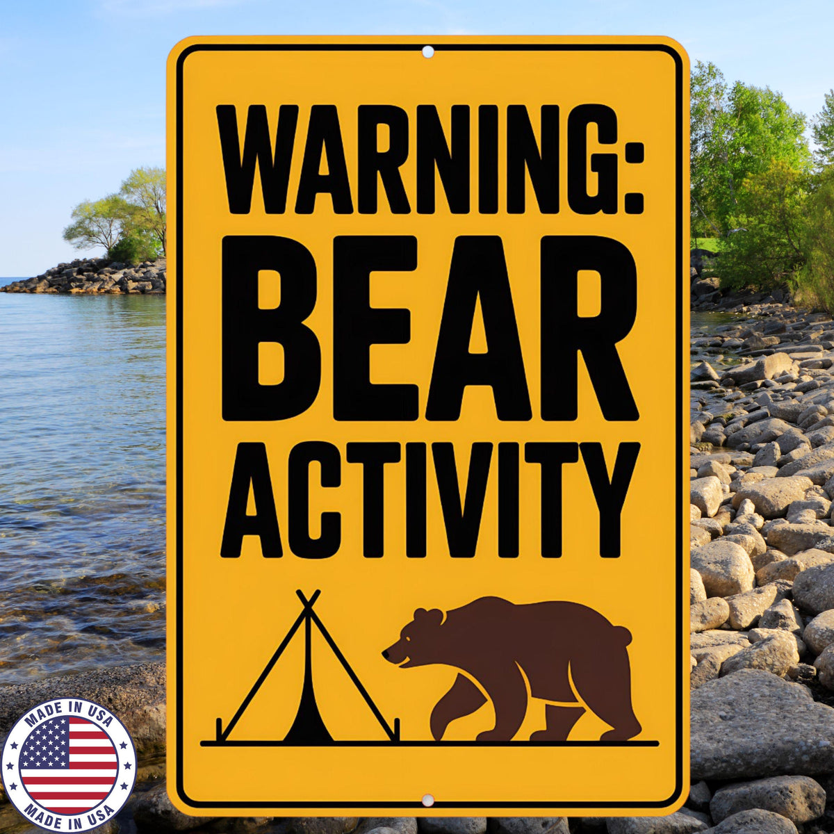 Warning Bear Activity Sign 8x12 – Camping Safety Decor, Sublimated Aluminum Outdoor Wildlife Cabin or Lodge Wall Art