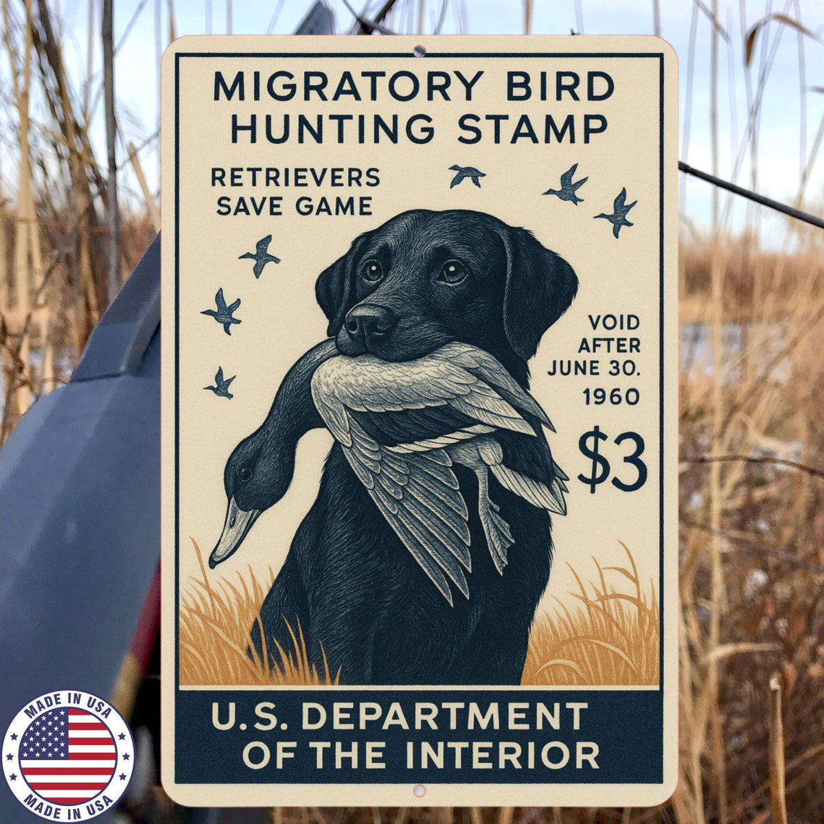 1960 Duck Stamp Sign – Labrador Retriever Hunting Art – 8x12 Vintage Replica Metal Sign – Duck Hunting Lodge or Cabin Wall Decor