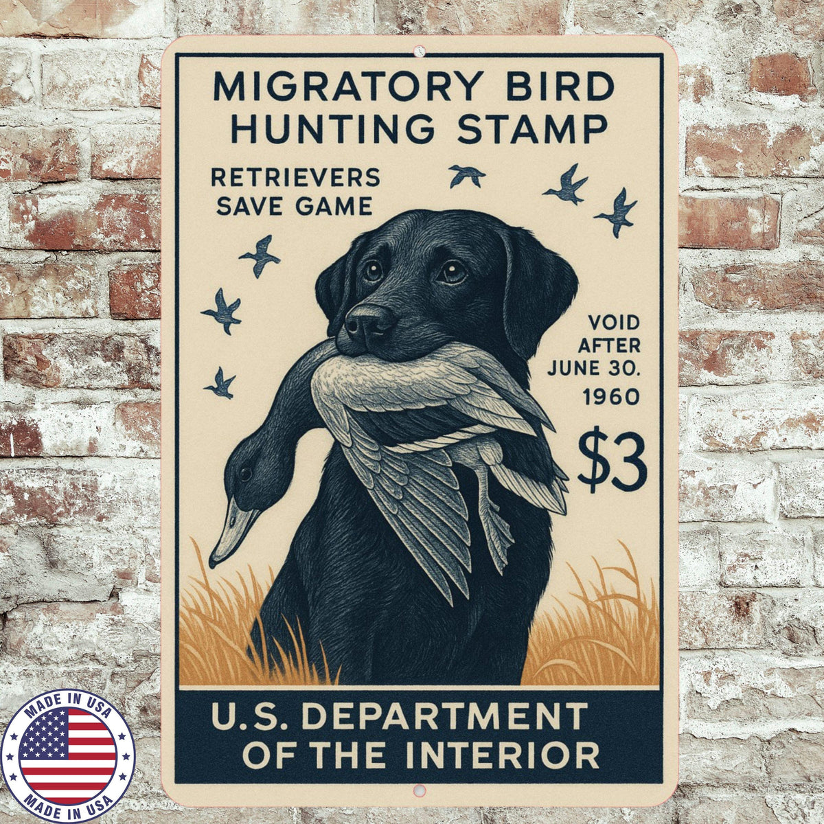 1960 Duck Stamp Sign – Labrador Retriever Hunting Art – 8x12 Vintage Replica Metal Sign – Duck Hunting Lodge or Cabin Wall Decor