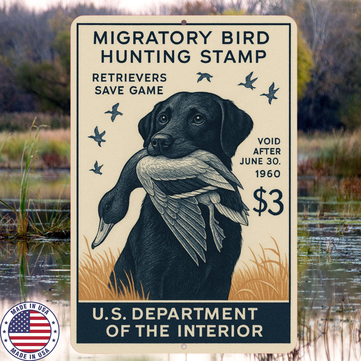 1960 Duck Stamp Sign – Labrador Retriever Hunting Art – 8x12 Vintage Replica Metal Sign – Duck Hunting Lodge or Cabin Wall Decor