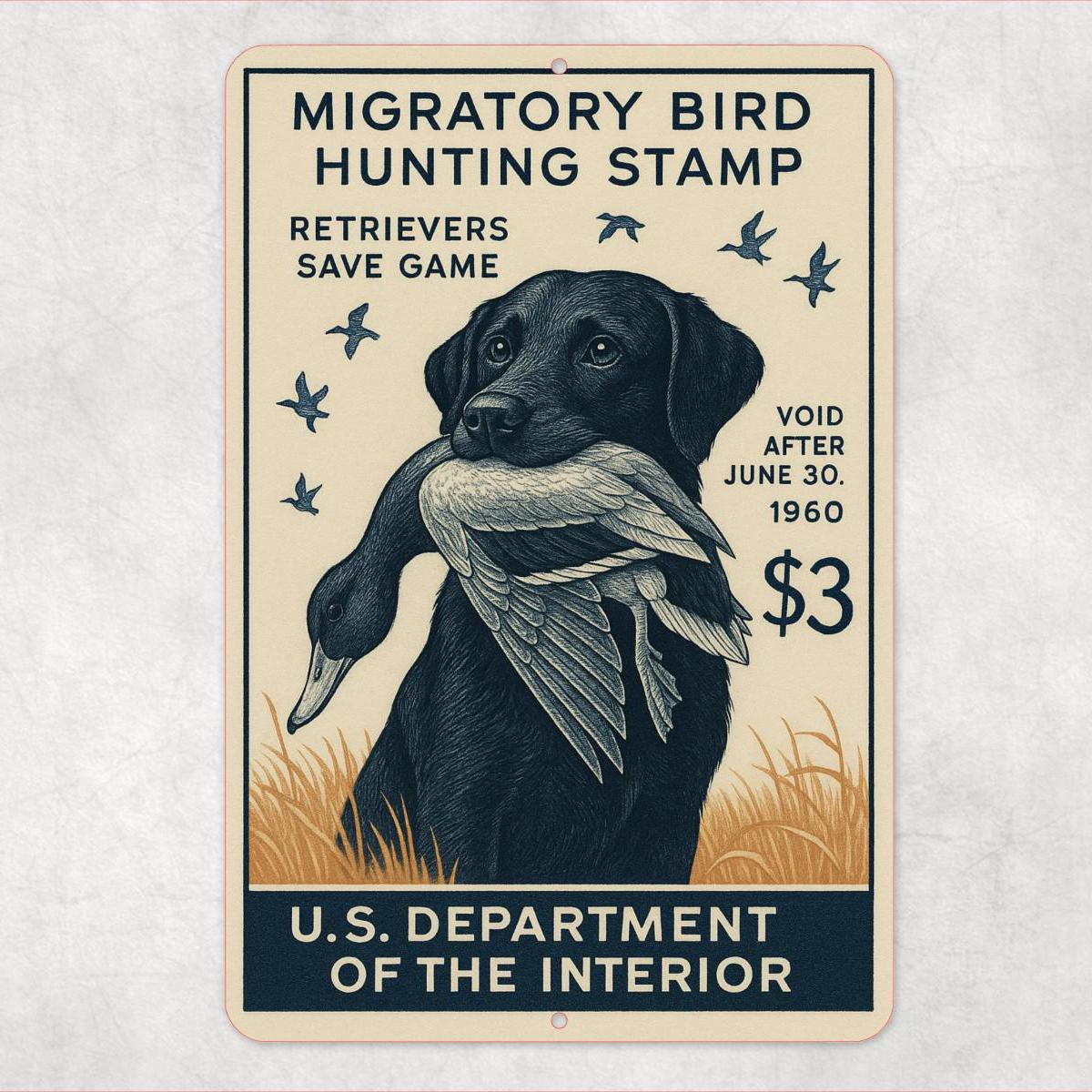 1960 Duck Stamp Sign – Labrador Retriever Hunting Art – 8x12 Vintage Replica Metal Sign – Duck Hunting Lodge or Cabin Wall Decor