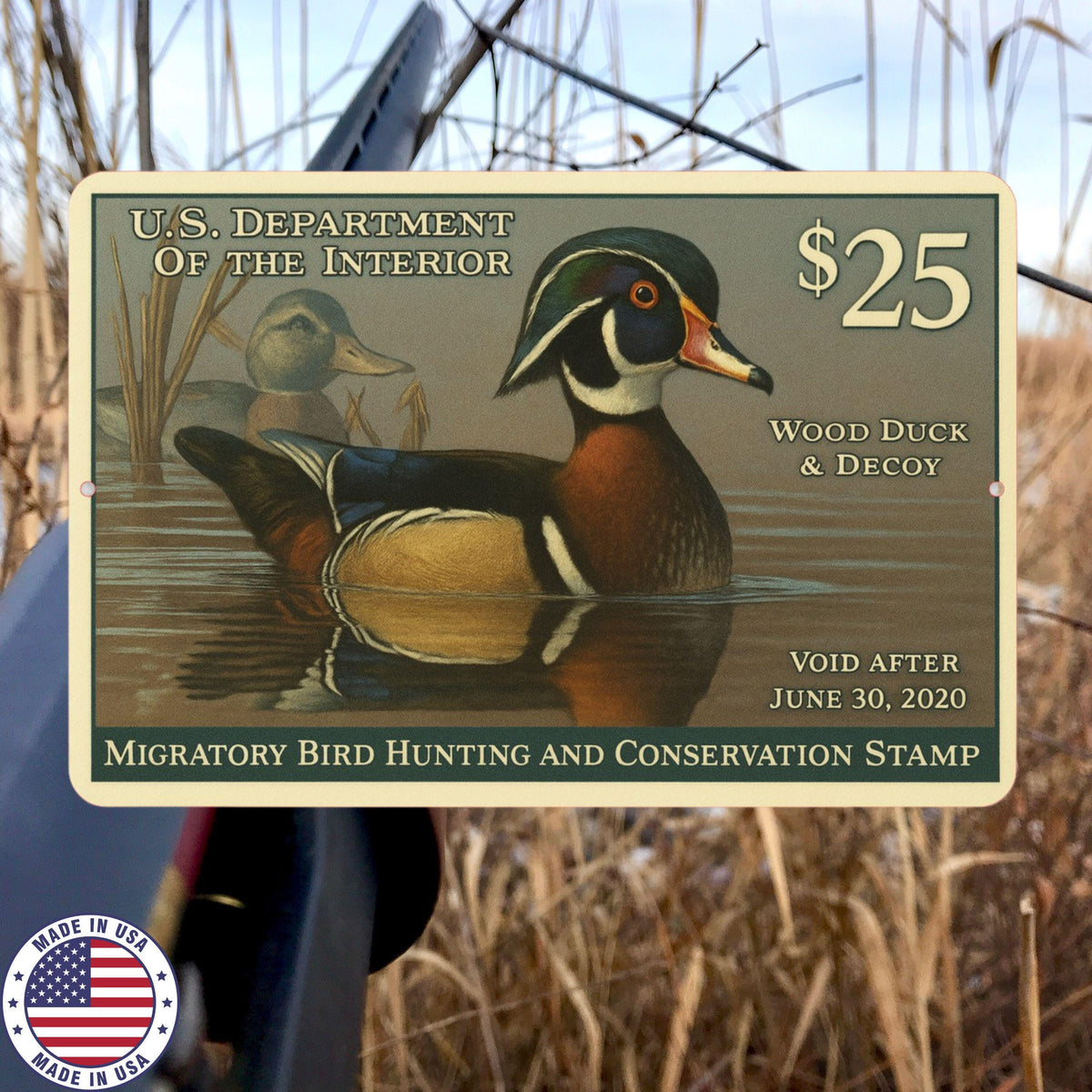 2020 Wood Duck Stamp Sign – Vintage Migratory Bird Hunting Art – 8x12 Metal Wall Decor for Hunting Lodge, Cabin, or Man Cave