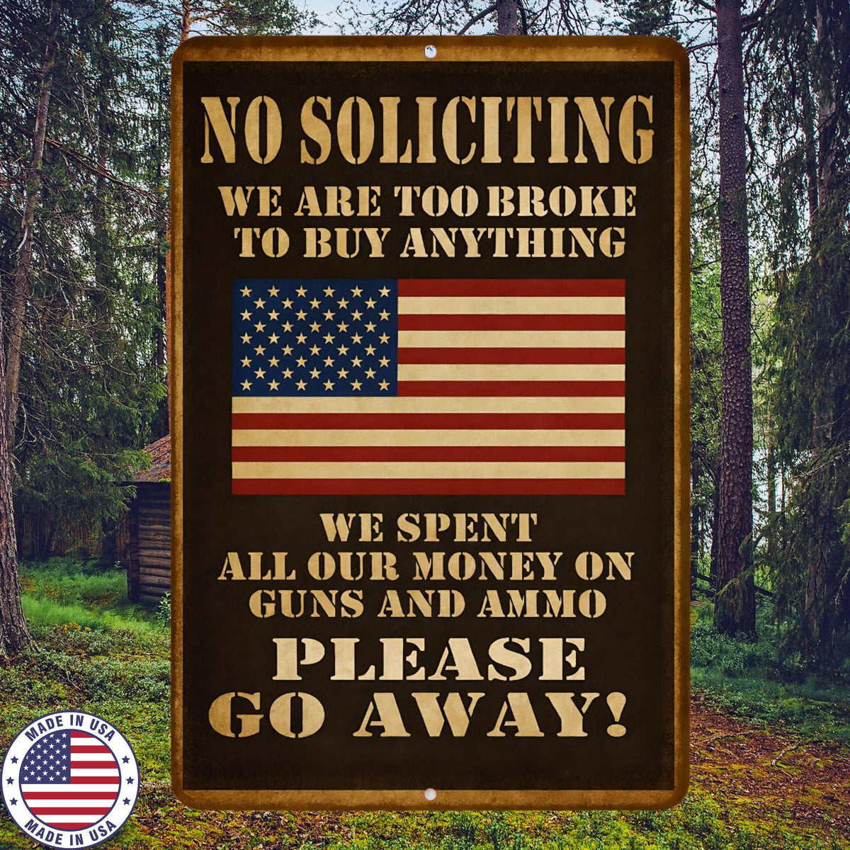 No Soliciting Sign Funny Patriotic 8x12 Metal Wall Decor – UV Resistant Guns & Ammo Warning Sign for Porch, Home, or Man Cave