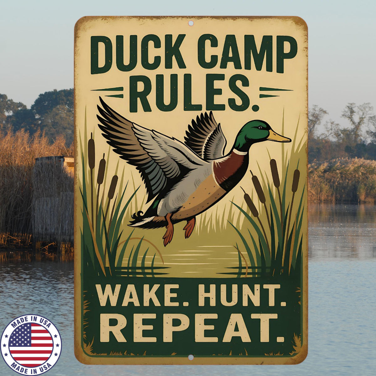 Duck Camp Rules Metal Sign – Wake Hunt Repeat 8x12 UV Resistant Hunting Cabin Decor, Sublimated Mallard Wall Art