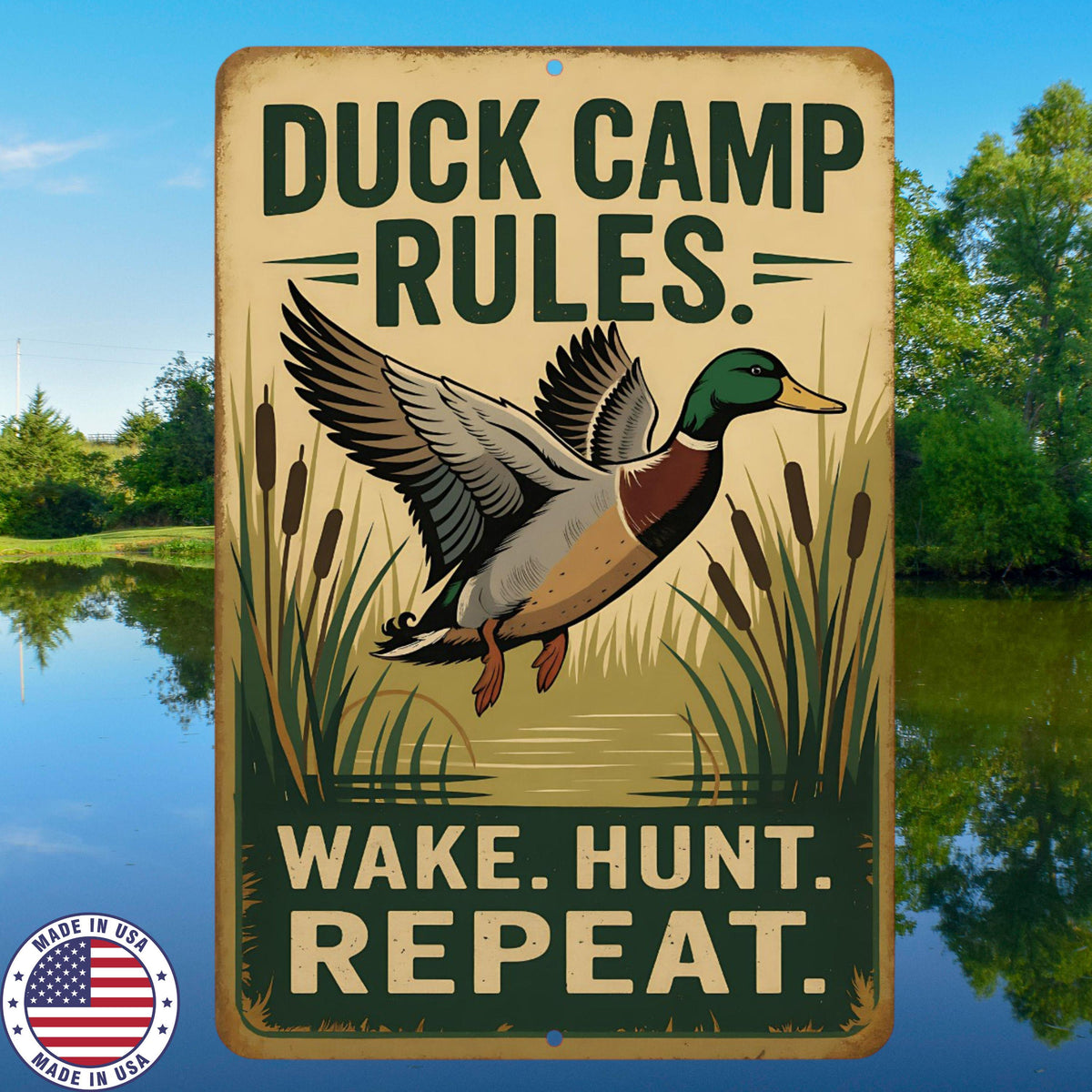 Duck Camp Rules Metal Sign – Wake Hunt Repeat 8x12 UV Resistant Hunting Cabin Decor, Sublimated Mallard Wall Art