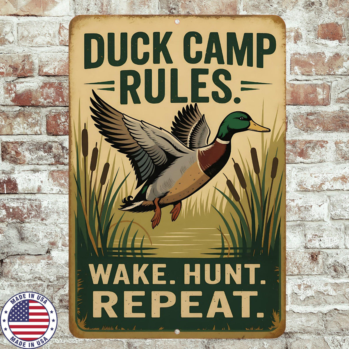 Duck Camp Rules Metal Sign – Wake Hunt Repeat 8x12 UV Resistant Hunting Cabin Decor, Sublimated Mallard Wall Art