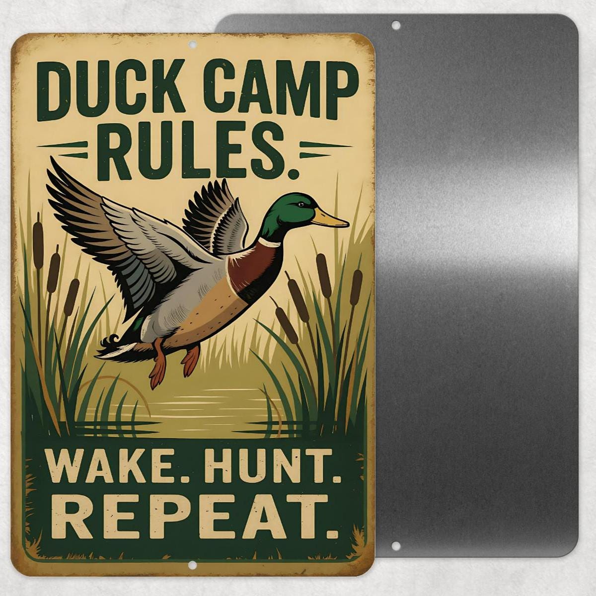 Duck Camp Rules Metal Sign – Wake Hunt Repeat 8x12 UV Resistant Hunting Cabin Decor, Sublimated Mallard Wall Art