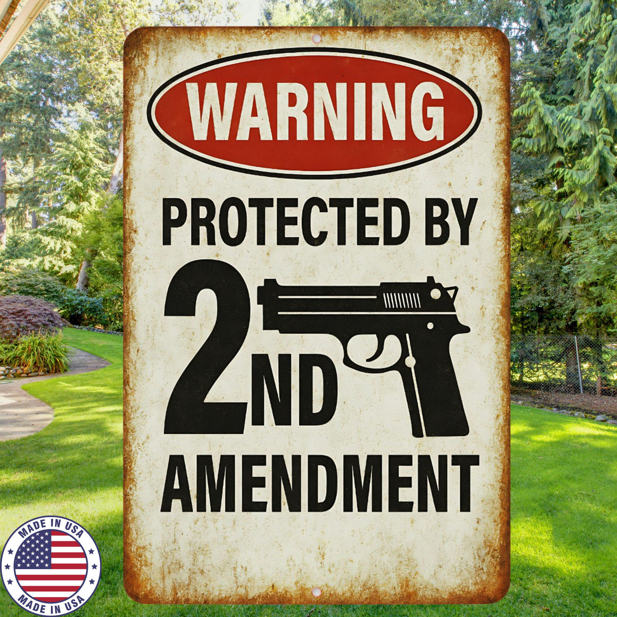2nd Amendment Warning Sign - 8x12 Rustic Metal Gun Rights Sign, UV Resistant Sublimated Home Defense Wall Decor, Made in USA