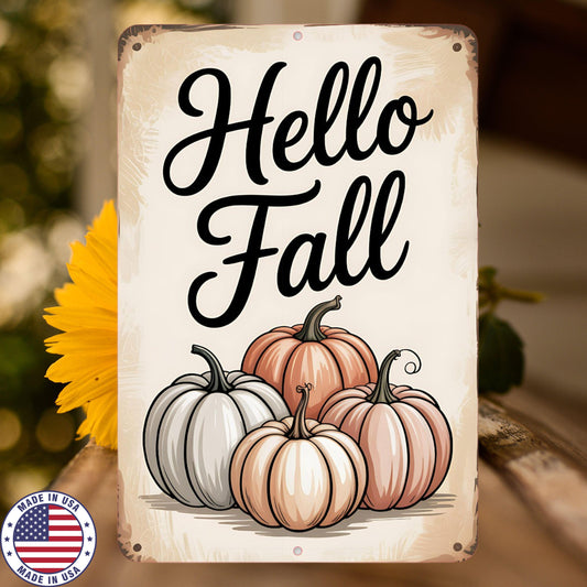 Hello Fall Pumpkin Sign – Rustic Farmhouse Autumn Wall Décor – 8x12 UV Resistant Sublimated Metal Sign – Vintage Fall Porch Decoration