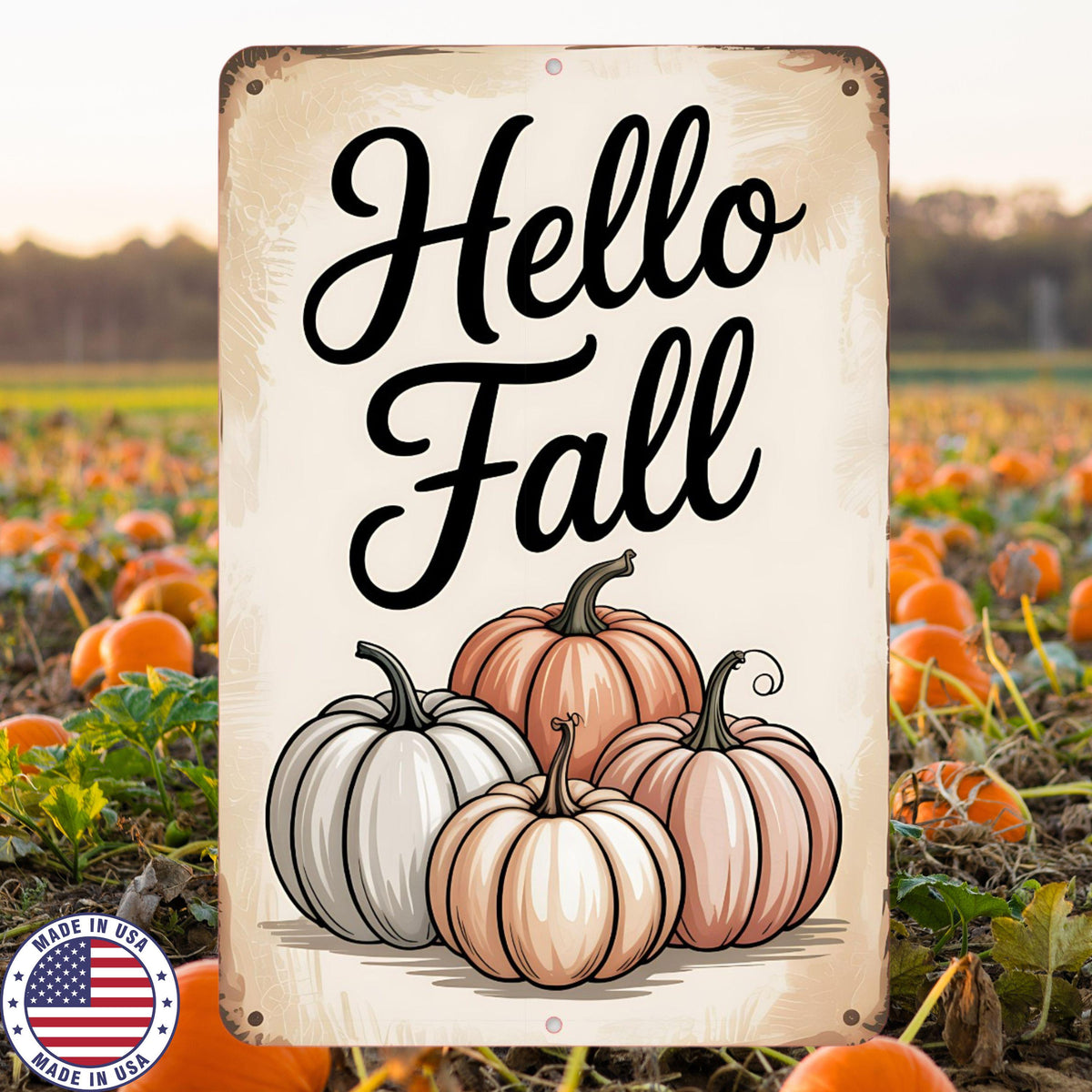 Hello Fall Pumpkin Sign – Rustic Farmhouse Autumn Wall Décor – 8x12 UV Resistant Sublimated Metal Sign – Vintage Fall Porch Decoration