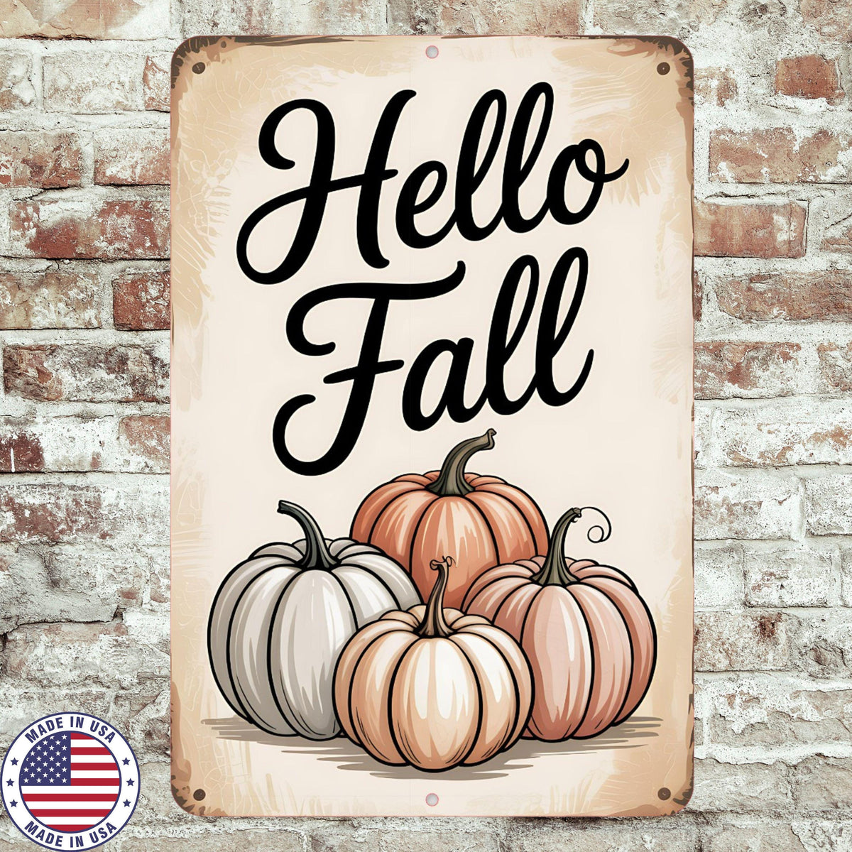 Hello Fall Pumpkin Sign – Rustic Farmhouse Autumn Wall Décor – 8x12 UV Resistant Sublimated Metal Sign – Vintage Fall Porch Decoration