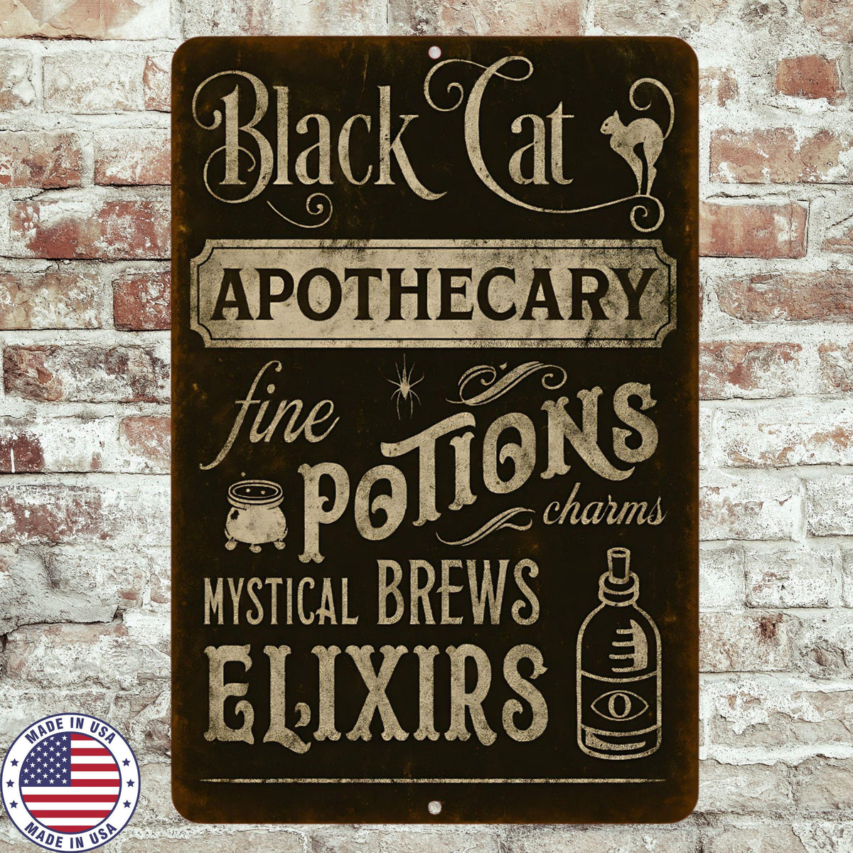 Black Cat Apothecary Sign – Vintage Halloween Wall Décor – 8x12 UV Resistant Sublimated Metal Sign – Potions, Elixirs, Mystical Brews