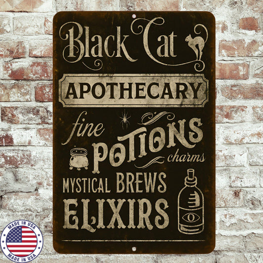 Black Cat Apothecary Sign – Vintage Halloween Wall Décor – 8x12 UV Resistant Sublimated Metal Sign – Potions, Elixirs, Mystical Brews