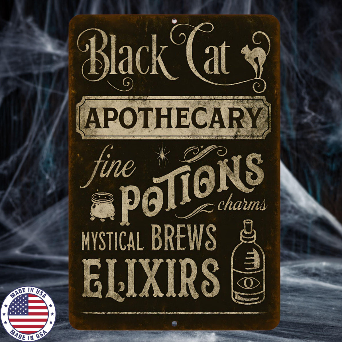 Black Cat Apothecary Sign – Vintage Halloween Wall Décor – 8x12 UV Resistant Sublimated Metal Sign – Potions, Elixirs, Mystical Brews