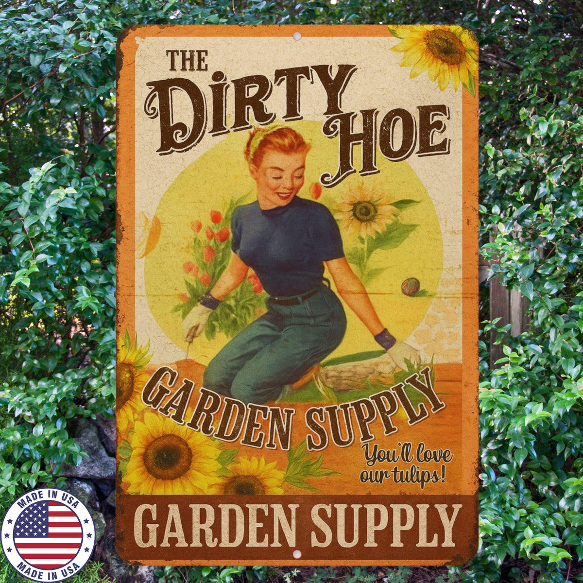 The Dirty Hoe Garden Supply Sign – Funny Vintage Pin-Up Metal Wall Art – 8x12 UV Resistant Sublimation – Retro Gardening Décor – Made in USA