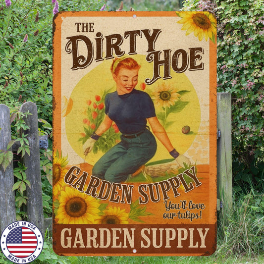 The Dirty Hoe Garden Supply Sign – Funny Vintage Pin-Up Metal Wall Art – 8x12 UV Resistant Sublimation – Retro Gardening Décor – Made in USA