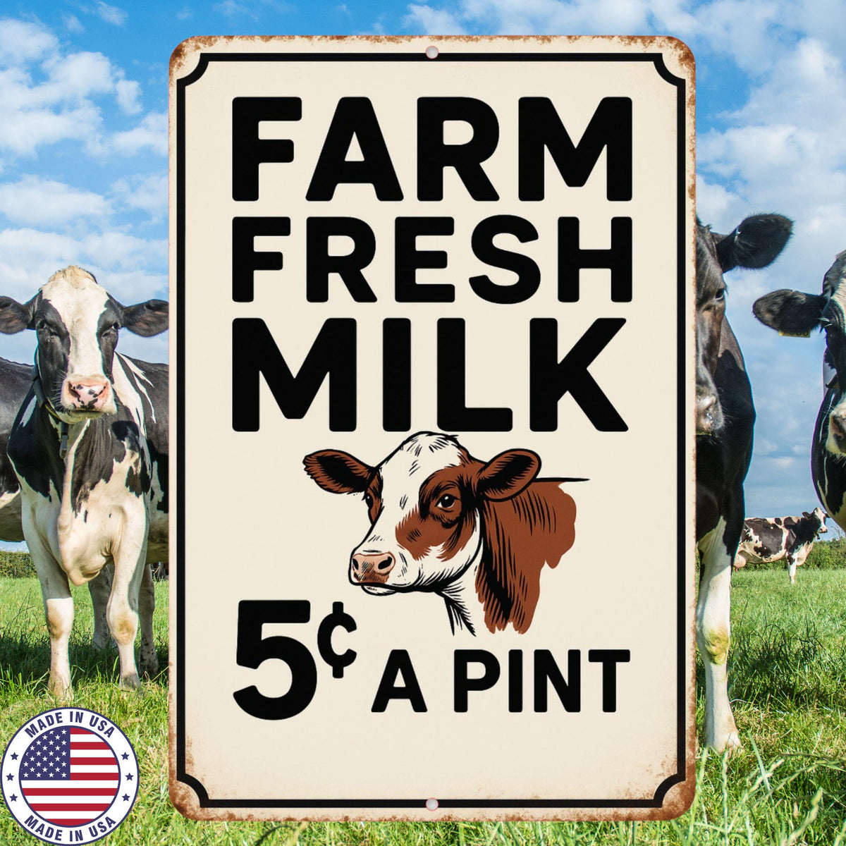 Farm Fresh Milk Sign – Vintage Cow Wall Art – 8x12 UV Resistant Aluminum – Rustic Farmhouse, Barn, Country Kitchen, Dairy Decor