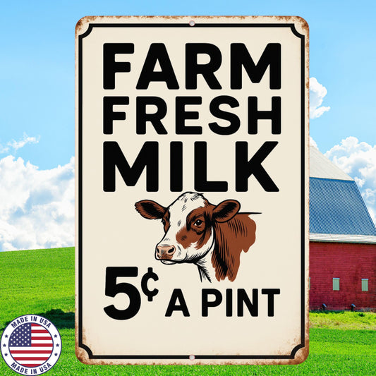 Farm Fresh Milk Sign – Vintage Cow Wall Art – 8x12 UV Resistant Aluminum – Rustic Farmhouse, Barn, Country Kitchen, Dairy Decor