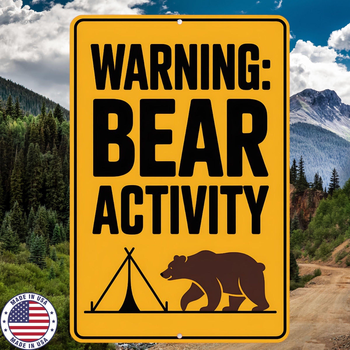 Warning Bear Activity Sign 8x12 – Camping Safety Decor, Sublimated Aluminum Outdoor Wildlife Cabin or Lodge Wall Art
