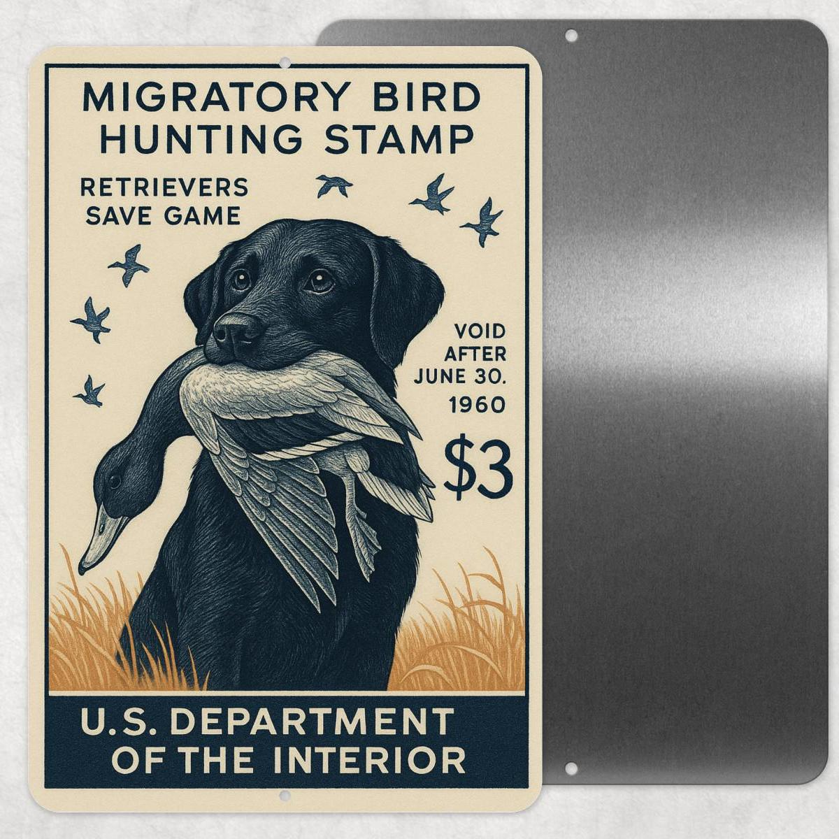 1960 Duck Stamp Sign – Labrador Retriever Hunting Art – 8x12 Vintage Replica Metal Sign – Duck Hunting Lodge or Cabin Wall Decor