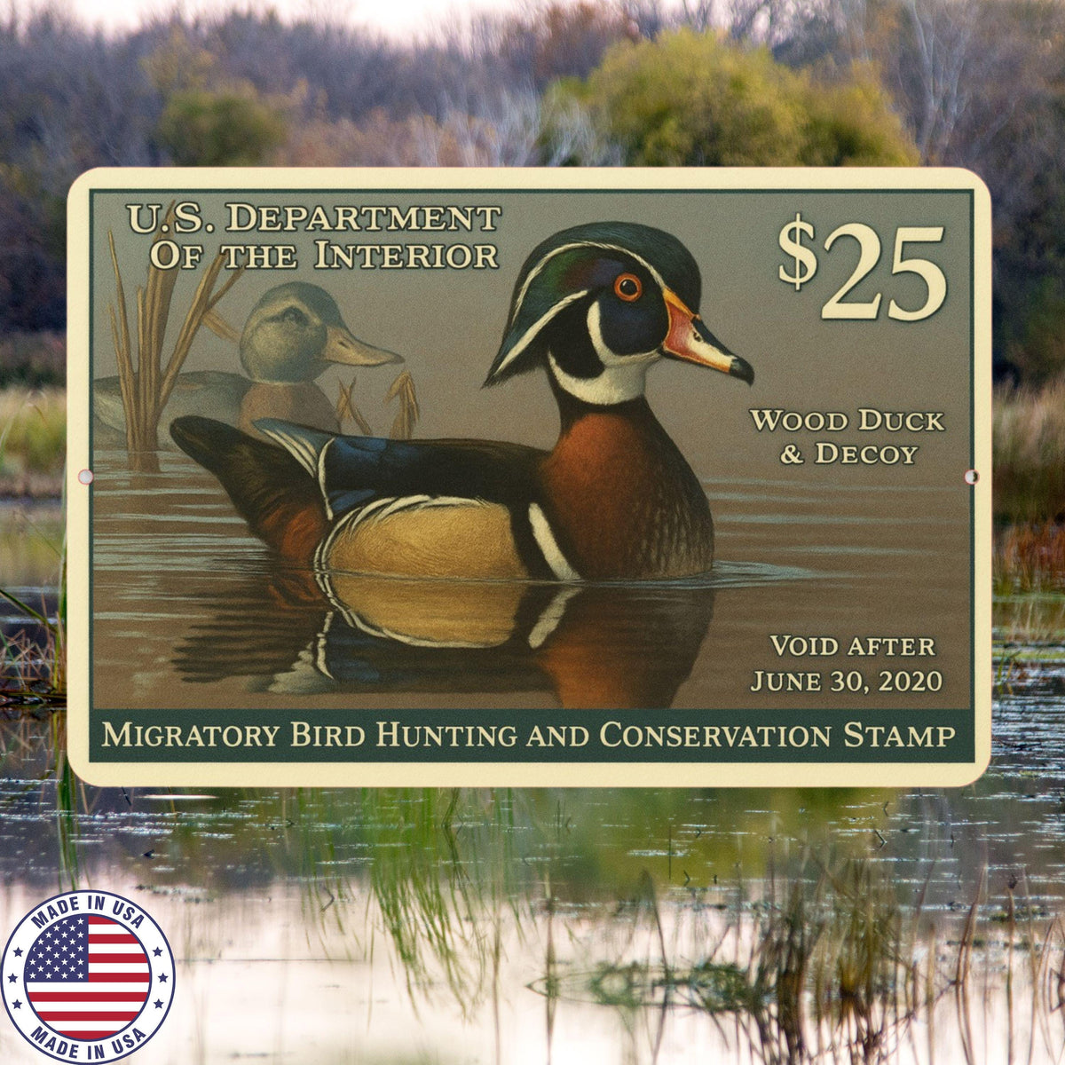 2020 Wood Duck Stamp Sign – Vintage Migratory Bird Hunting Art – 8x12 Metal Wall Decor for Hunting Lodge, Cabin, or Man Cave