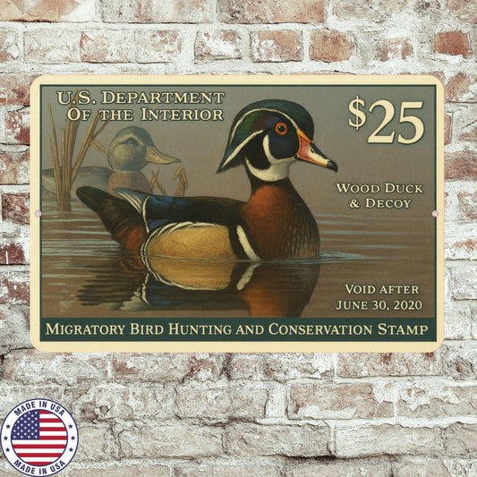 2020 Wood Duck Stamp Sign – Vintage Migratory Bird Hunting Art – 8x12 Metal Wall Decor for Hunting Lodge, Cabin, or Man Cave