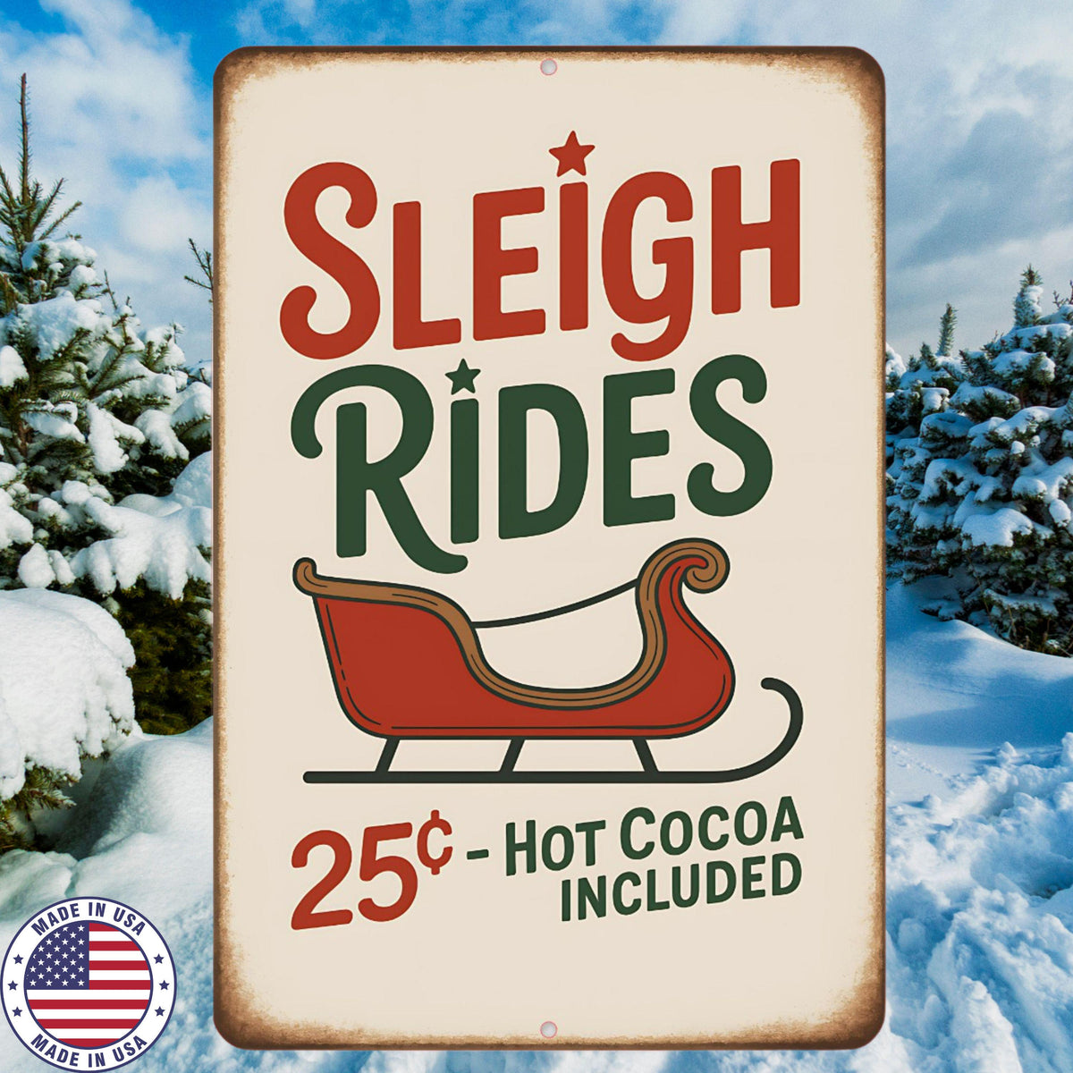 Sleigh Rides Sign | 8x12 Aluminum Christmas Wall Decor | Rustic Farmhouse Holiday Sign | Vintage Winter Sleigh Ride Art