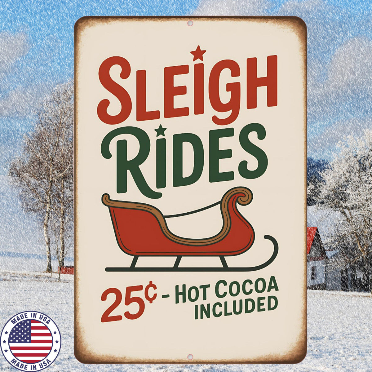 Sleigh Rides Sign | 8x12 Aluminum Christmas Wall Decor | Rustic Farmhouse Holiday Sign | Vintage Winter Sleigh Ride Art