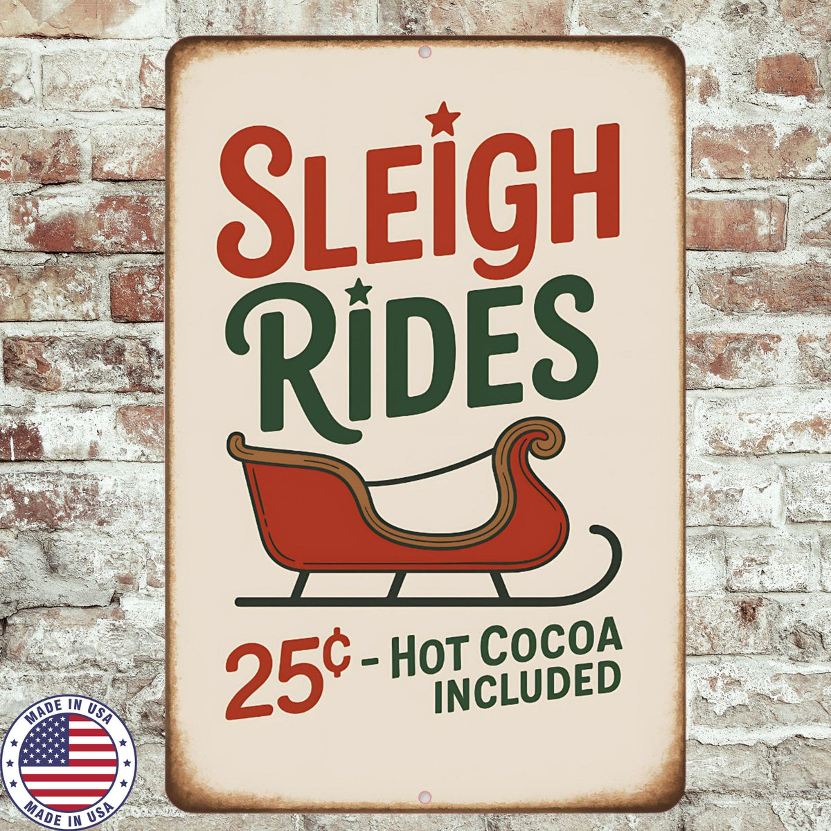 Sleigh Rides Sign | 8x12 Aluminum Christmas Wall Decor | Rustic Farmhouse Holiday Sign | Vintage Winter Sleigh Ride Art