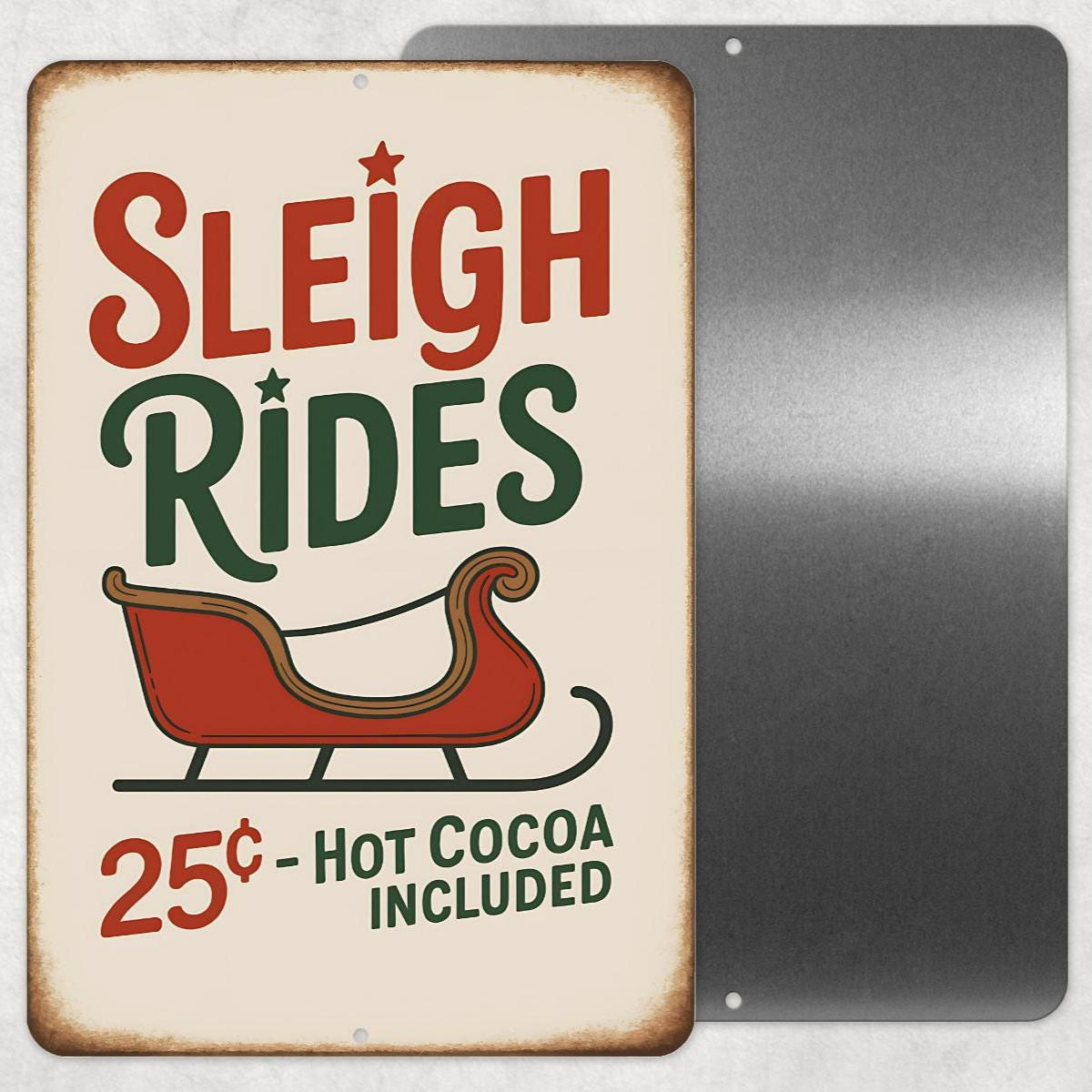 Sleigh Rides Sign | 8x12 Aluminum Christmas Wall Decor | Rustic Farmhouse Holiday Sign | Vintage Winter Sleigh Ride Art