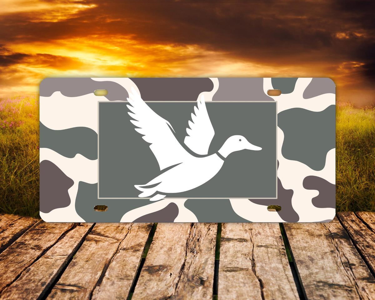 Camo Duck License Plate for Hunters | Mallard Silhouette Vanity Tag | Outdoor Camouflage Car Tag | Waterfowl Gift for Him